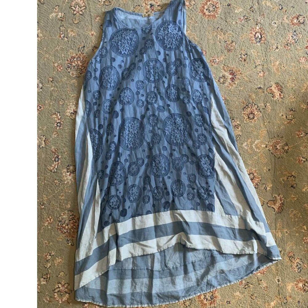 Beyond Capri Blue & White Striped Cotton Linen Blend Medallion Print Dress, OS